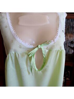 True Vintage Nightgown Medium 60's Lime Green Sleeveless Lace Bow Dacron Mod
